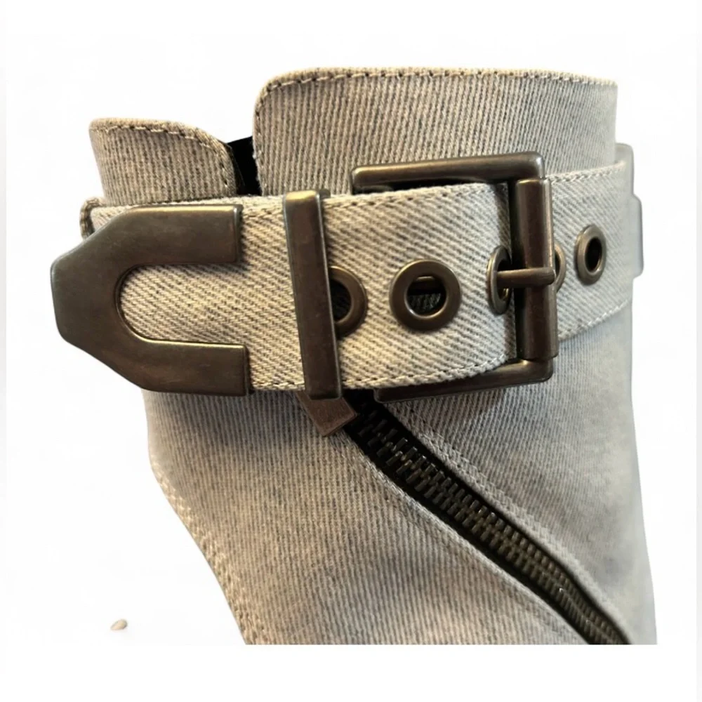 Steve Madden Denim Pointed Stiletto Zipper Peep Toe Ankle Buckle Boots Size 11 - Picture 4 of 14